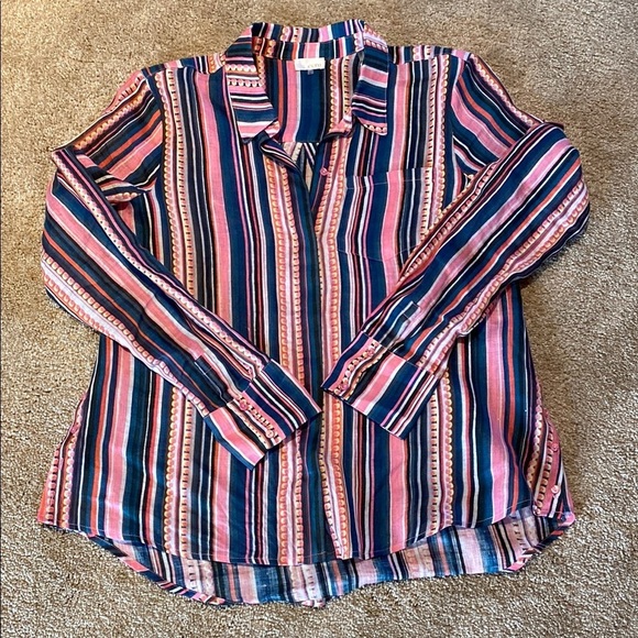 ECRU Linen L/S Button Down Pink Blue Lilac Stripe Shirt Sz SMALL - Picture 1 of 10